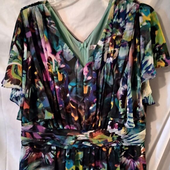 Romans Multicolor Floral Maxi Dress Sz. 18 Flutter Sleeve Event Gathered Waist - Picture 2 of 7